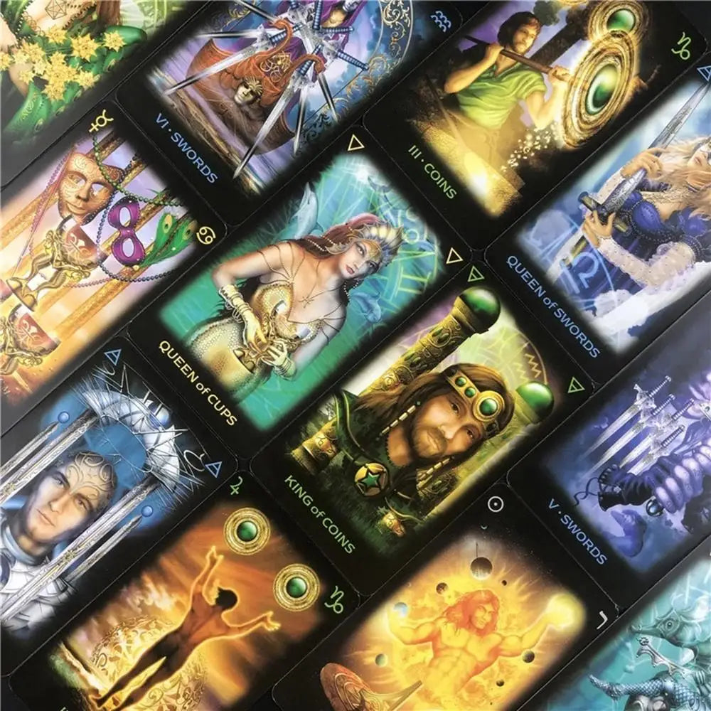 A collection of tarot cards featuring various figures, including swords, coins, and queens, used for divination.