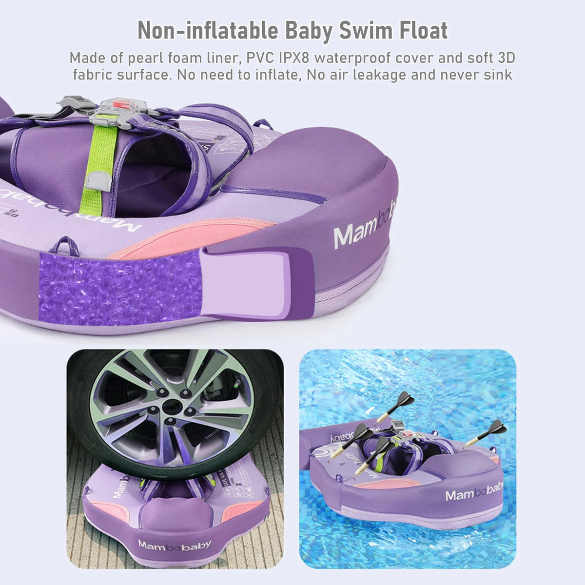 Purple non-inflatable baby swim float with a canopy and tail support floating in clear water