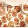A collection of vintage floral stickers in various shades of orange, red, and green on kraft paper.