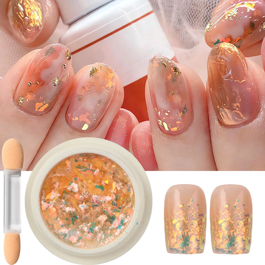 A set of iridescent opal and mermaid chrome nail glitter pigment powders shown on fingernails and in a round container.