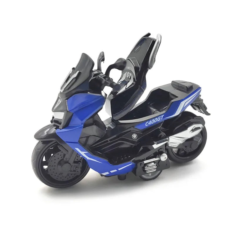 A black and blue vintage-style pull-back motorcycle toy car for kids.