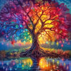 A vibrant diamond painting depicting a large tree with glowing, colorful leaves and branches over a reflective water surface.