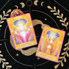 A tarot card depicting a peaceful resolution with a glowing angelic figure against a purple background.