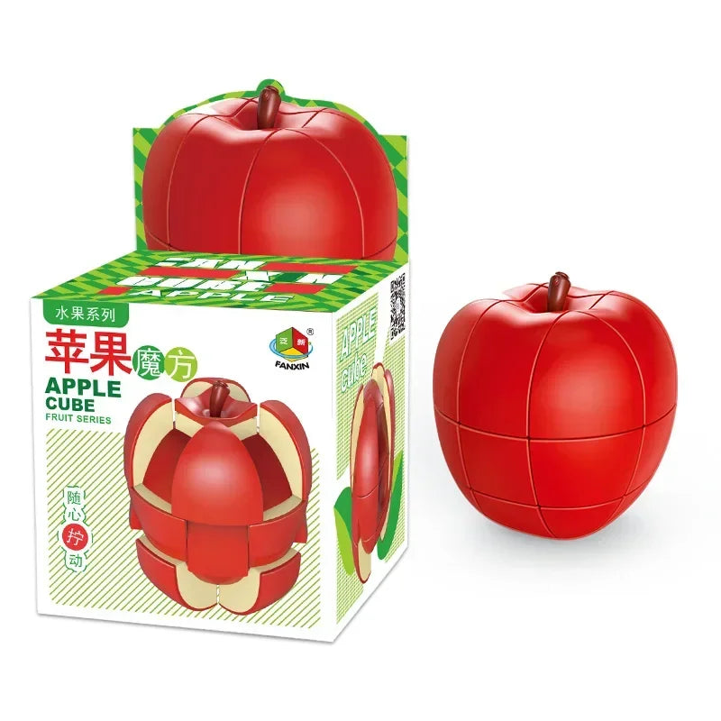 A red apple cube puzzle with a green box and packaging.