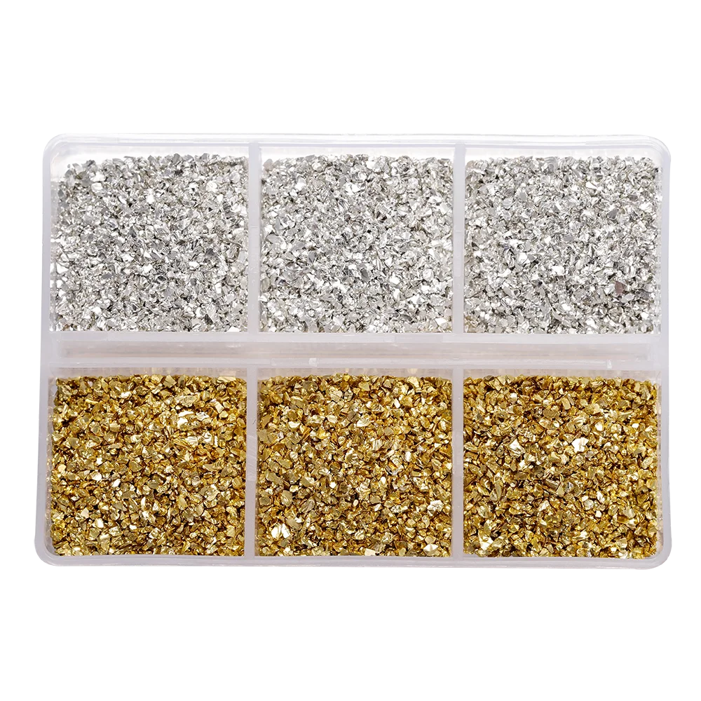 A clear plastic container holding various quantities of crushed glass stones in different colors and sizes.