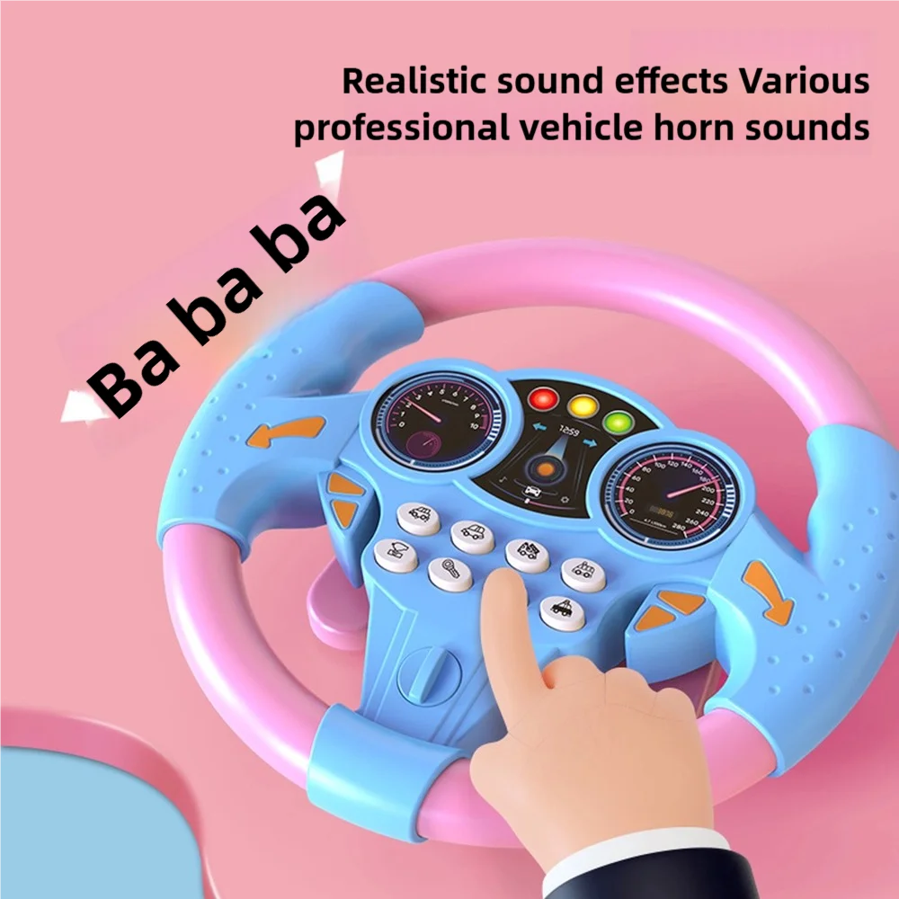 Volant éducatif rose et bleu avec une main qui le tient, avec des effets sonores réalistes de klaxon de véhicule.