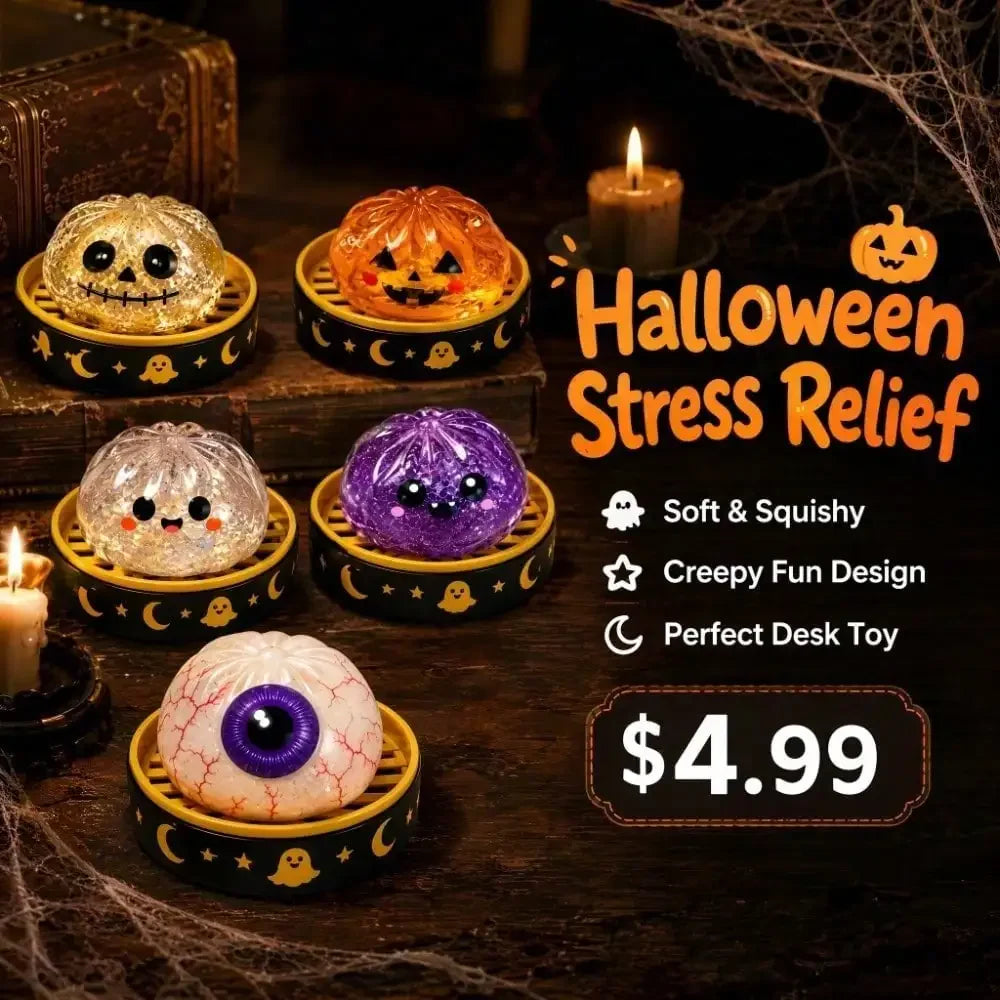 A collection of Halloween-themed squishy fidget toys including pumpkin and ghost shaped items displayed on a dark wooden surf