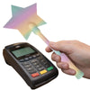 A hand holds a light-up, star-shaped magic wand with a credit card holder attached.