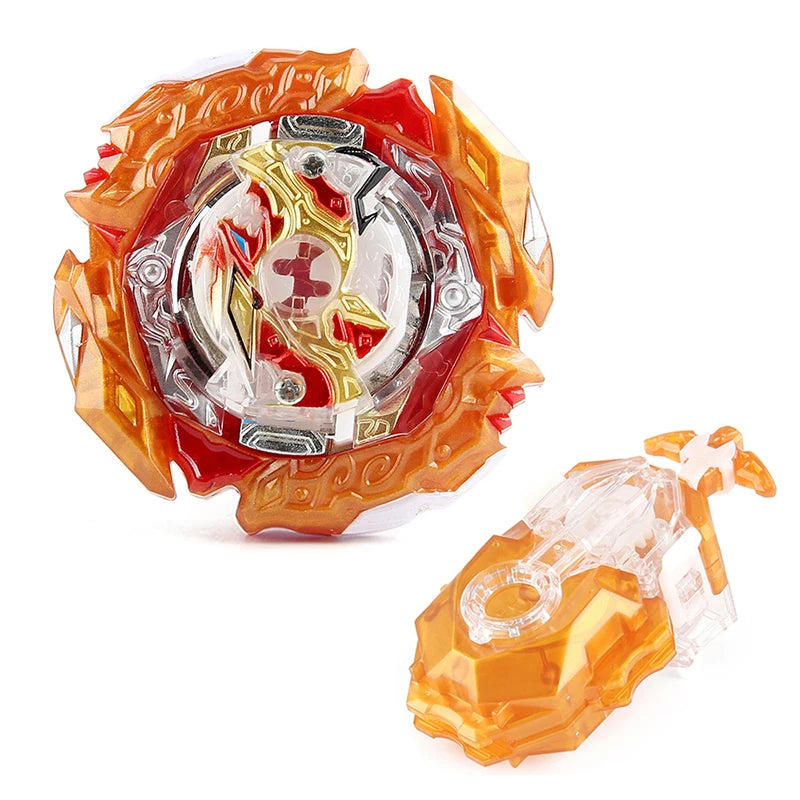 Metal spinning top battle set featuring an orange and clear shell with a string launcher component.
