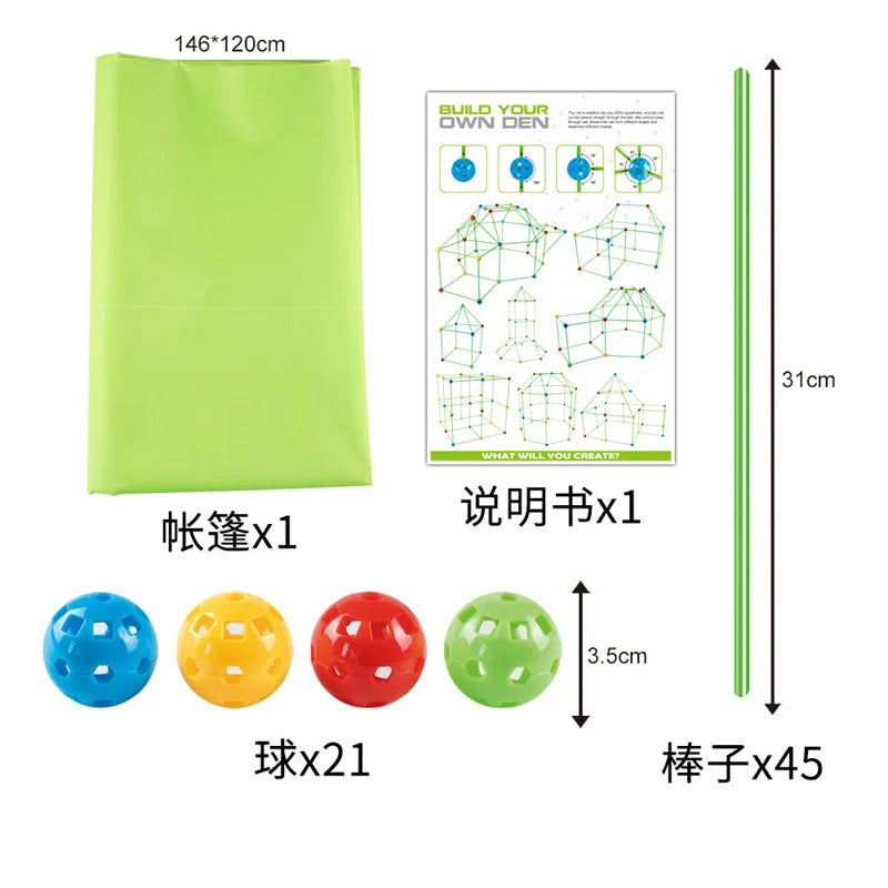 A set of building blocks, a green tent, and various colored balls for children's creative play.