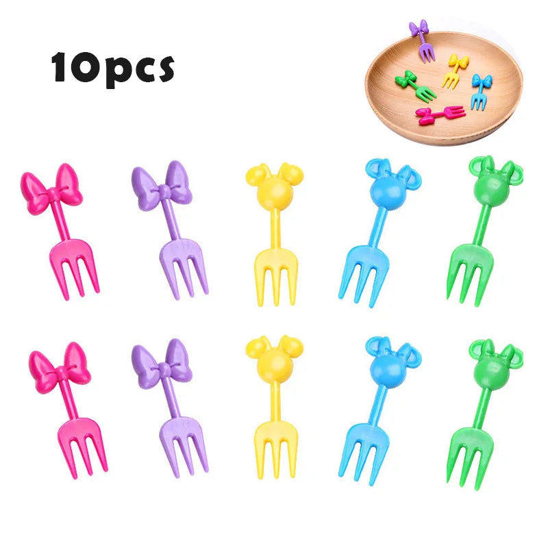 A set of 10 colorful kawaii mini fruit forks for kids in various pastel colors.