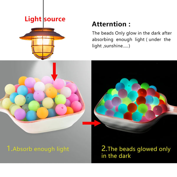 A close-up of colorful silicone beads demonstrating glow in the dark properties under light.