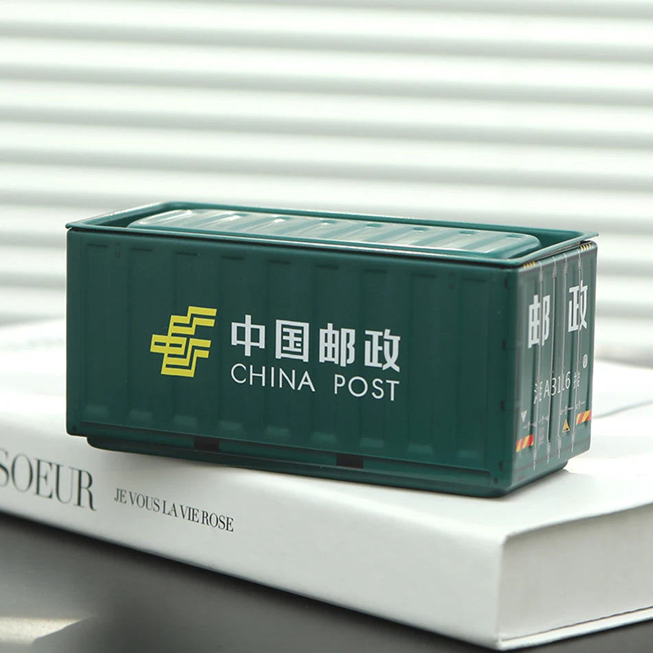 A dark green miniature industrial iron storage box with an openable lid, featuring the China Post logo and text.
