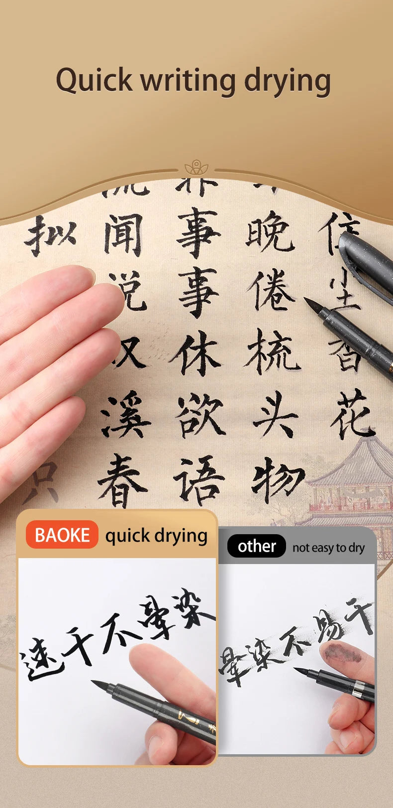 A hand holds a black brush pen writing on light-colored paper, demonstrating quick drying calligraphy.
