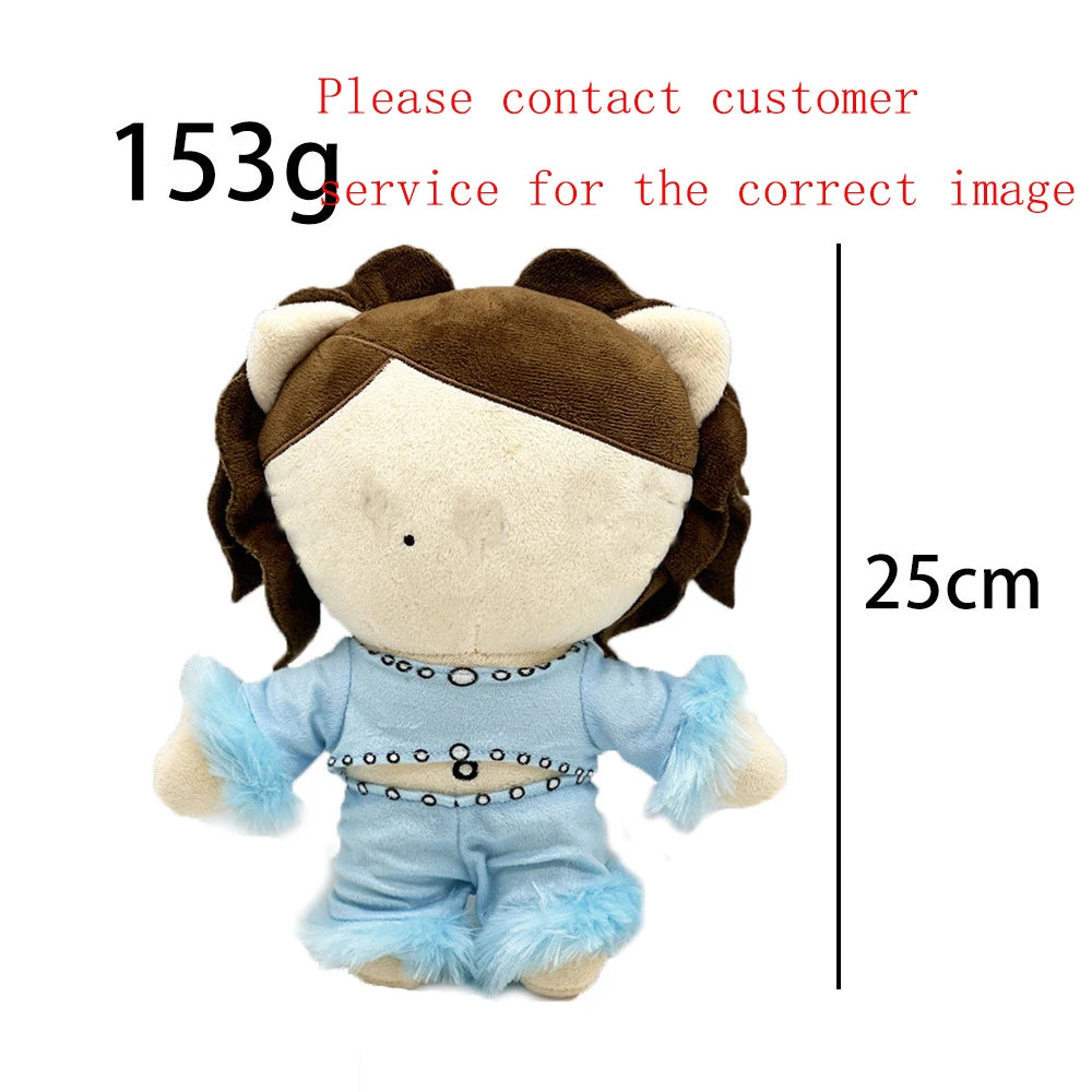 A light blue plush doll with brown hair and blue accents, likely a collectible figure.