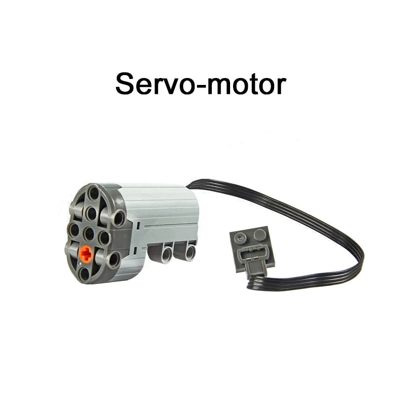 A silver servo motor with a black cable is shown.