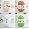 A collection of bright green, yellow, and light blue chenille yarn balls with labels indicating different thicknesses.