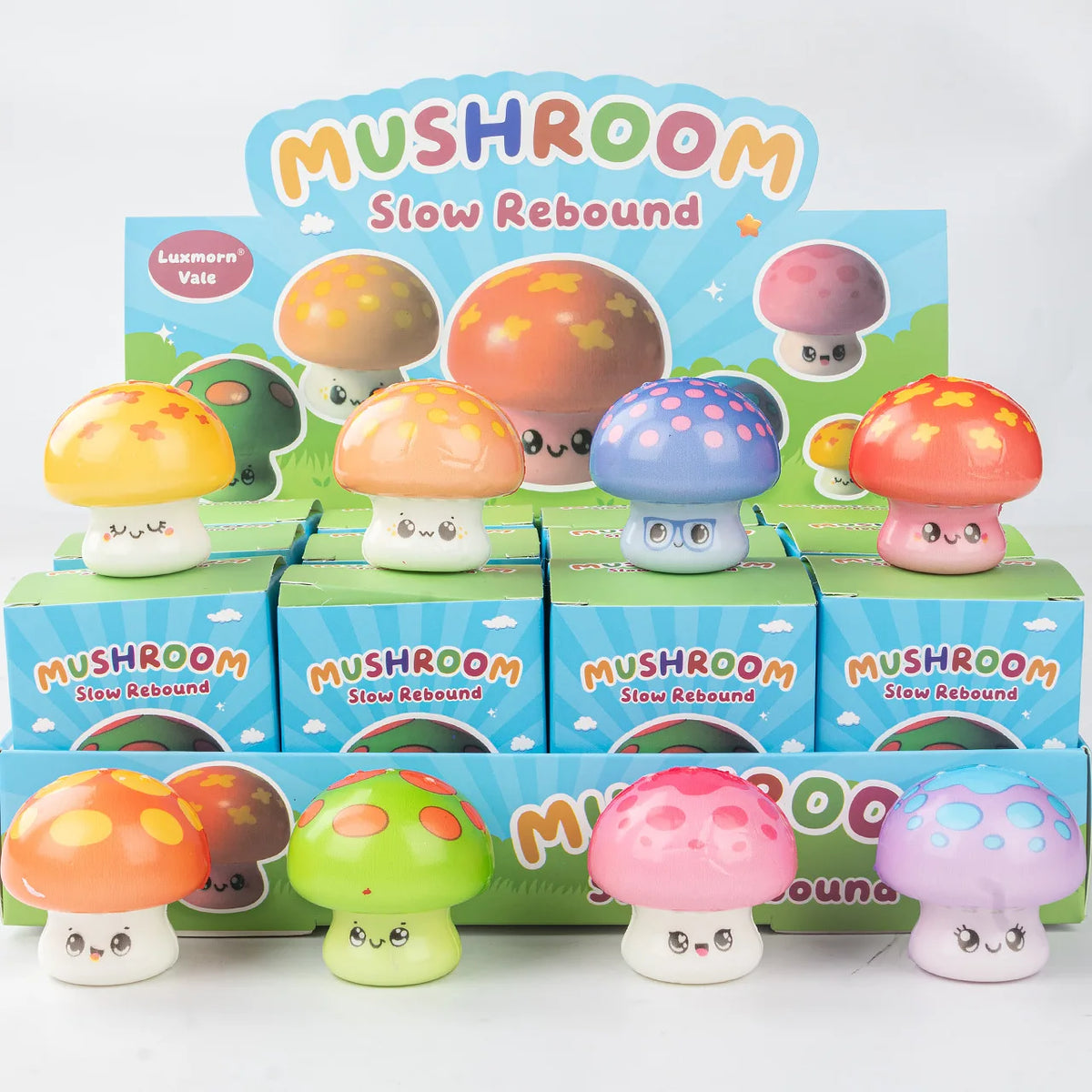A set of 12 cute mushroom squishy stress relief toys in various colors and shapes.