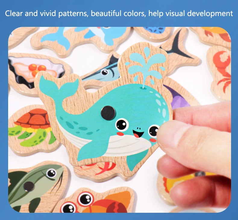 Wooden magnetic fishing game featuring colorful sea creatures and patterns for visual development