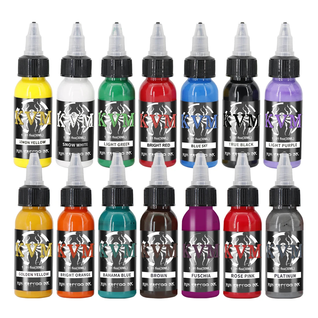 A collection of fourteen colored tattoo inks in glass bottles displayed against a white background.