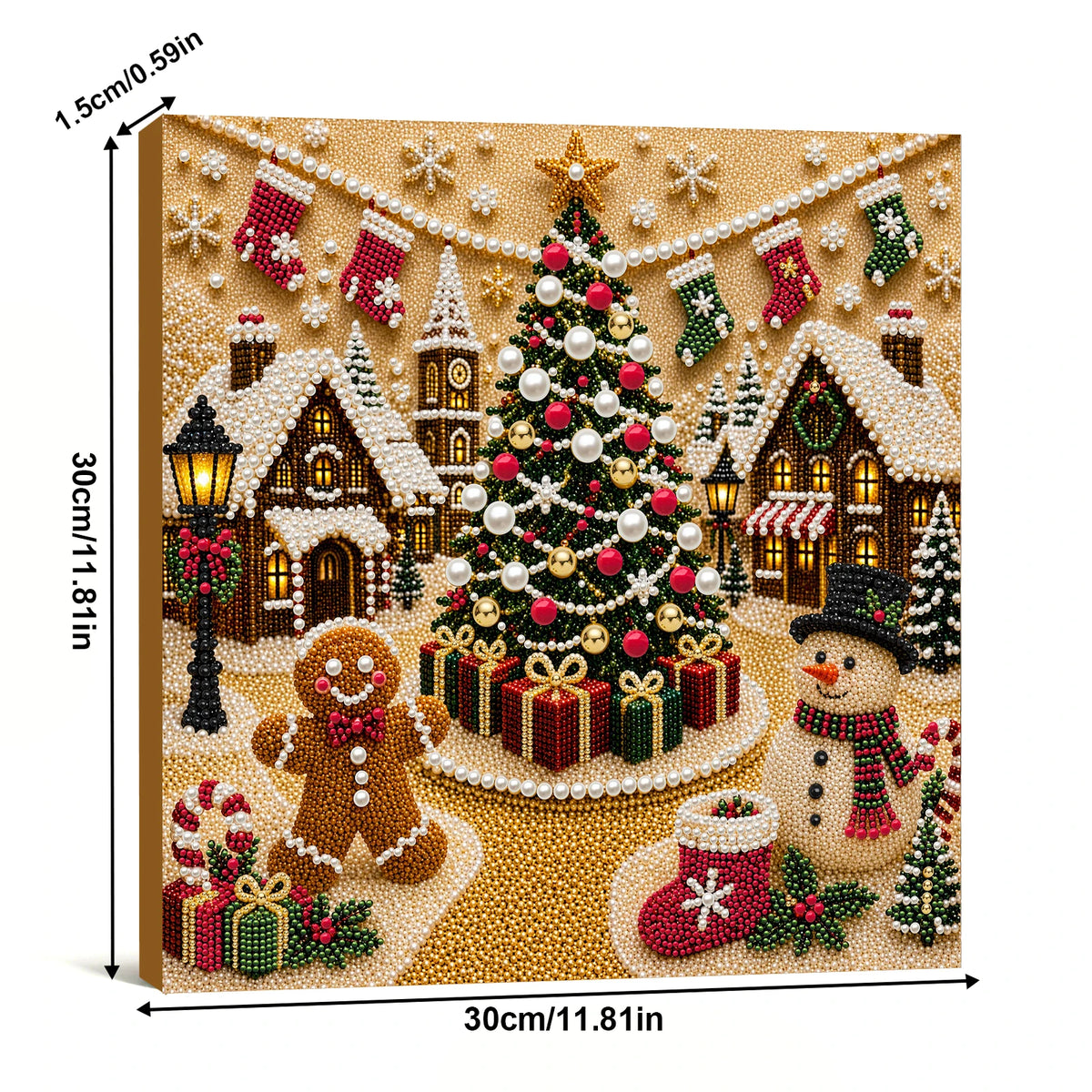 A diamond painting kit featuring a detailed Christmas scene with a decorated tree, houses, and festive elements.