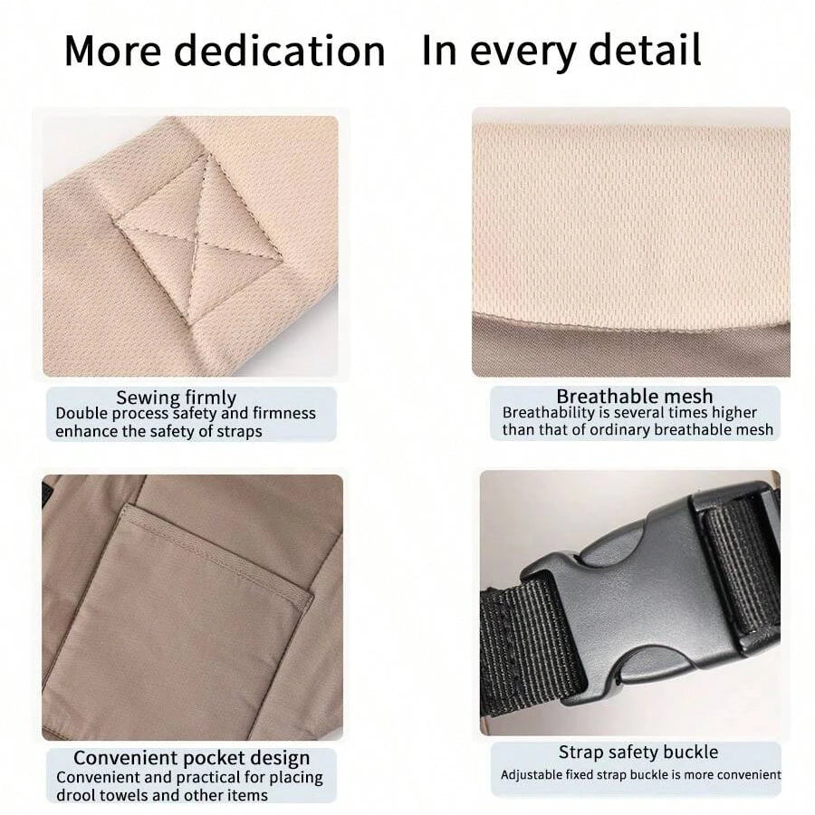 Close-up view of a beige baby carrier strap showing stitching, fabric texture, and a safety buckle detail.