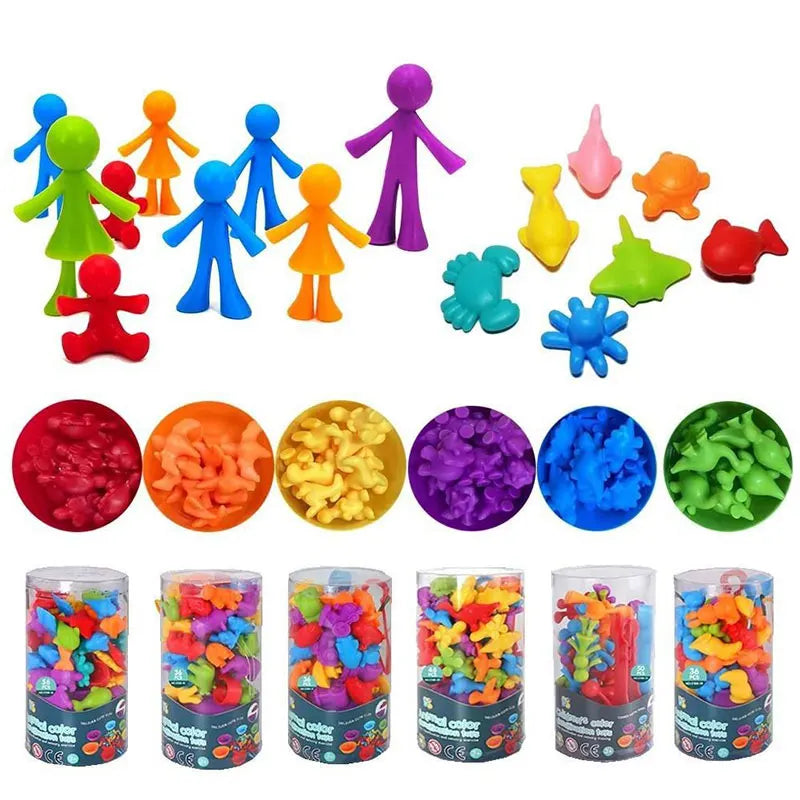 A set of colorful plastic animal figures for Montessori sorting and counting toys