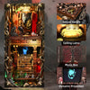 A detailed DIY book nook kit featuring a haunted hotel scene with sensory switches, a ceiling lamp, a music box, and dynamic 