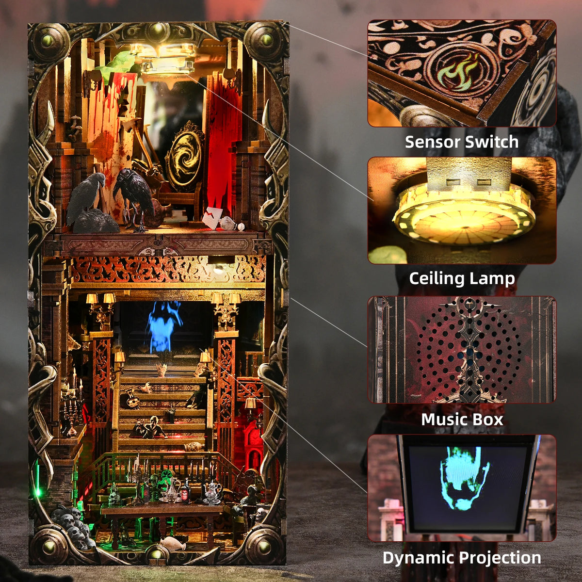 A detailed DIY book nook kit featuring a haunted hotel scene with sensory switches, a ceiling lamp, a music box, and dynamic 