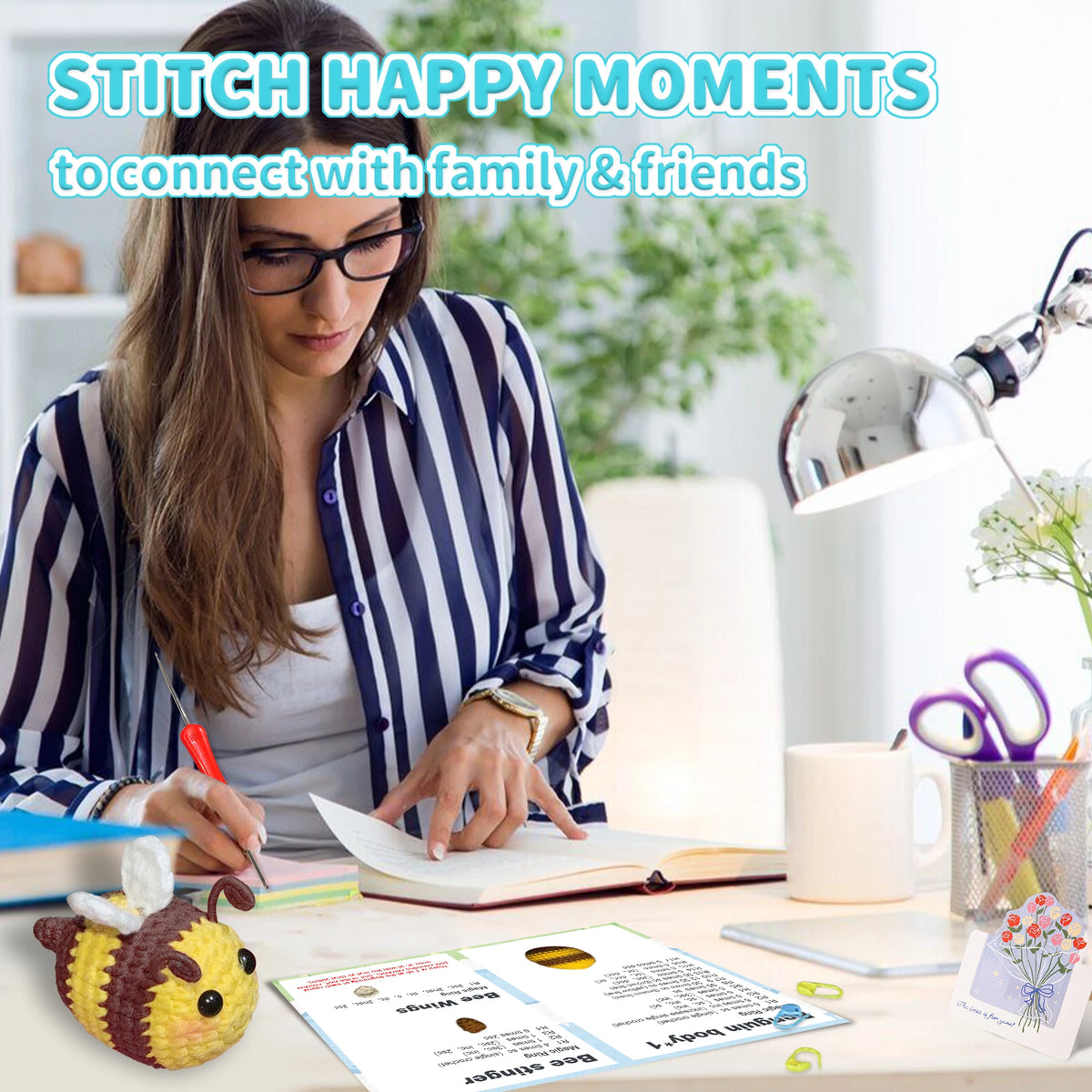 A woman is stitching happy moments to connect with family and friends, surrounded by crafting supplies.