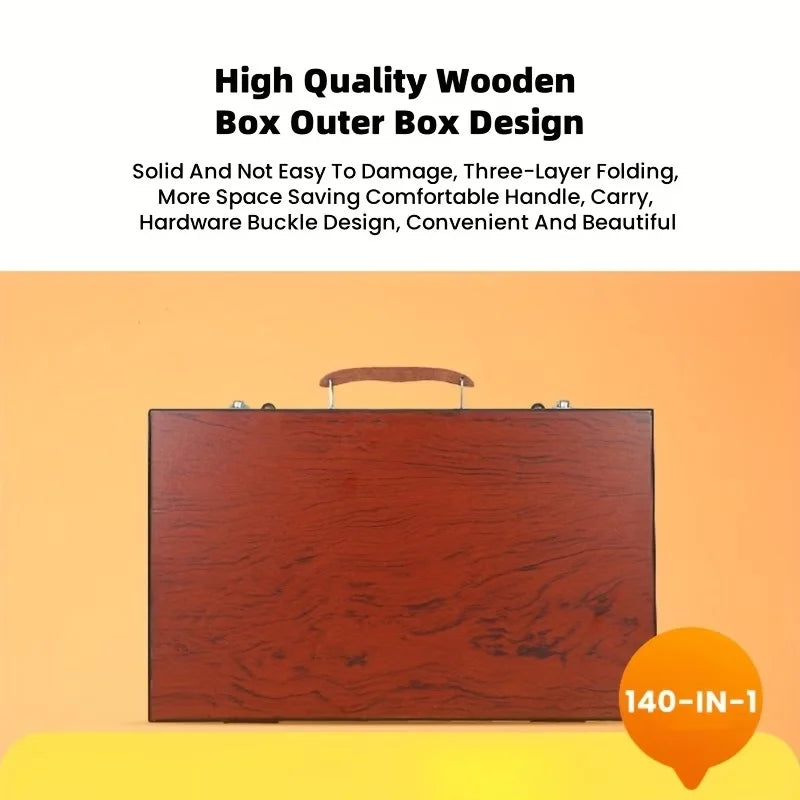 142-Piece Wooden Art Set with Pencils, Paints, Brushes & More