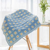 Light blue knitted blanket featuring a pattern of small yellow flowers displayed on a wooden stand.
