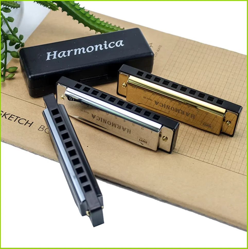 Un set de trois harmonica, incluant une housse noire et deux modèles en laiton, posés sur du papier brun.