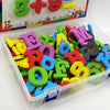 A clear plastic container filled with colorful magnetic letters and numbers for educational play.