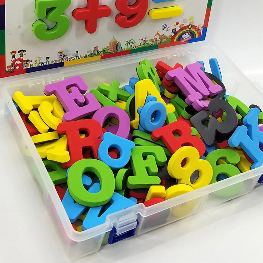 A clear plastic container filled with colorful magnetic letters and numbers for educational play.