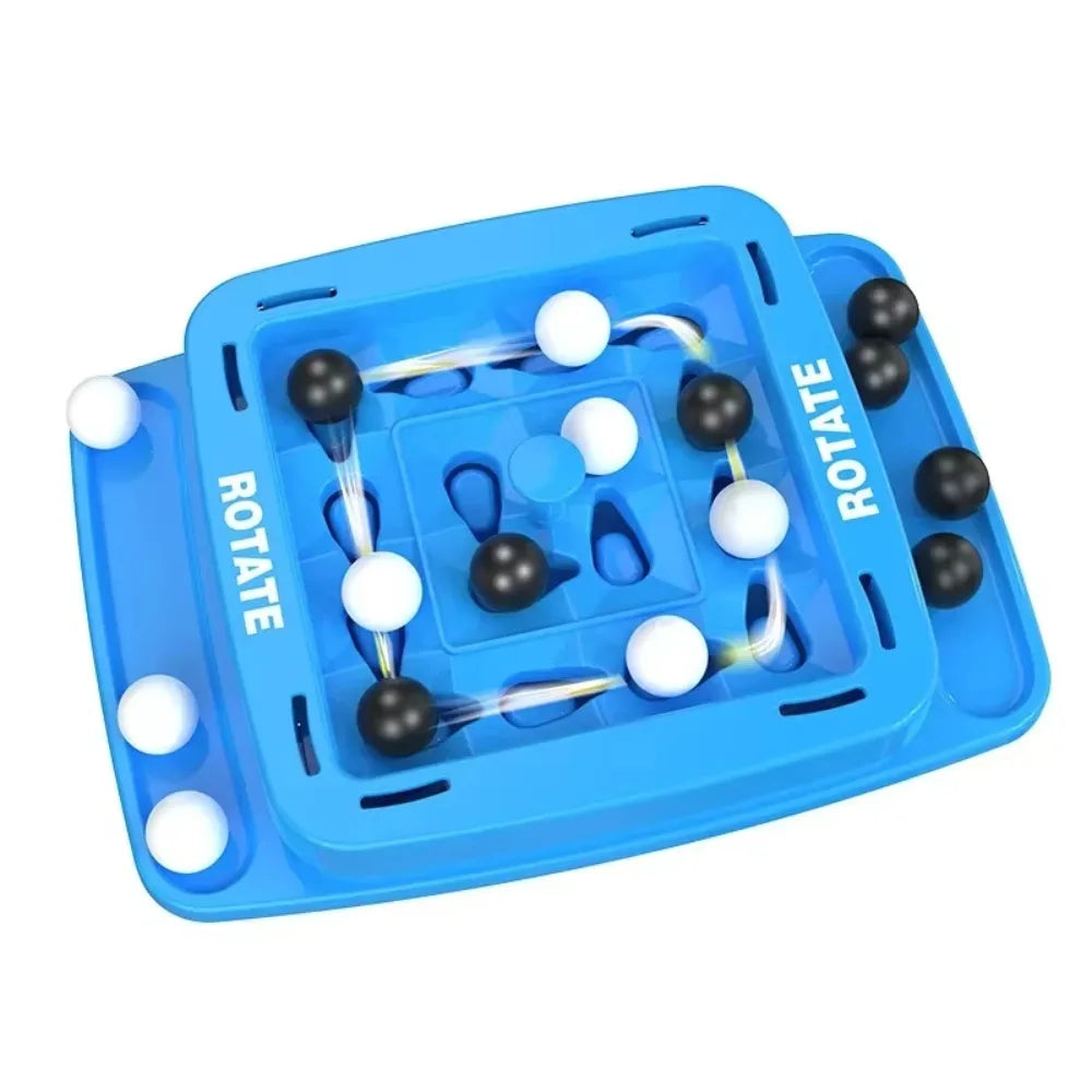 A blue strategy board game featuring small white and black balls arranged in a grid with a rotating mechanism.