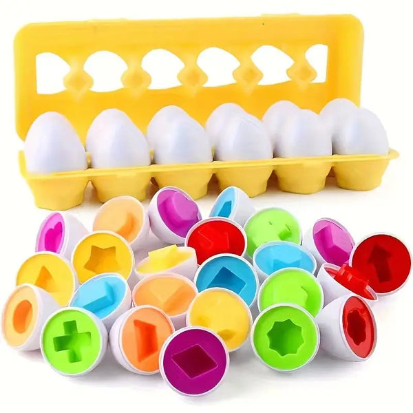 A yellow plastic tray holds multiple colorful, dome-shaped sorting puzzle pieces for toddlers.