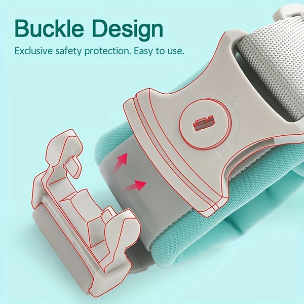A close-up of a baby anti-lost safety wrist link harness featuring a buckle design and safety features.