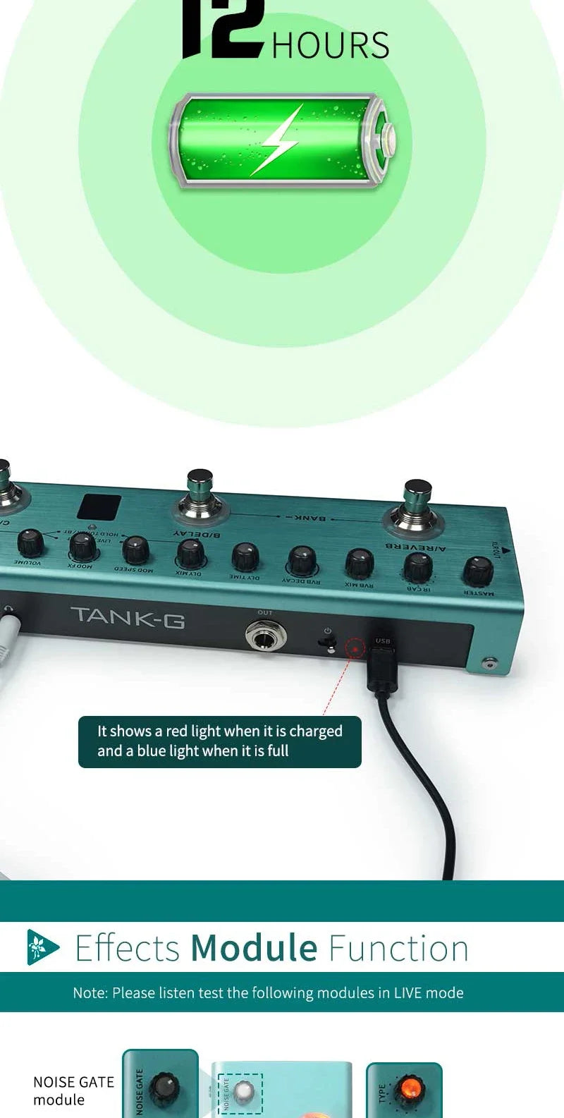 Tank-G guitar multi-effects pedal showing a charging indicator and effects module function