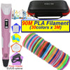 A pink 3D printing pen with an LCD display and a black carrying case, next to colorful PLA filament spools.