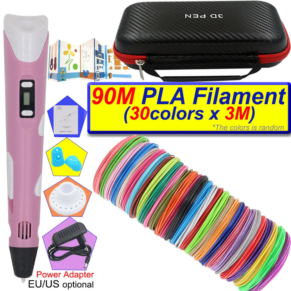 A pink 3D printing pen with an LCD display and a black carrying case, next to colorful PLA filament spools.