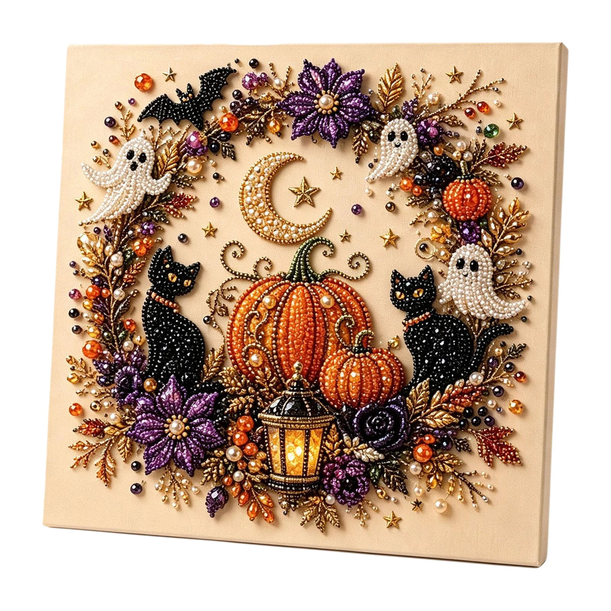 Framed canvas featuring a detailed Halloween wreath of spiders, bats, pumpkins, and ghostly figures in pearl diamond painting