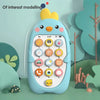 A light blue interactive chicken toy with a yellow head and various buttons for music and puzzles.