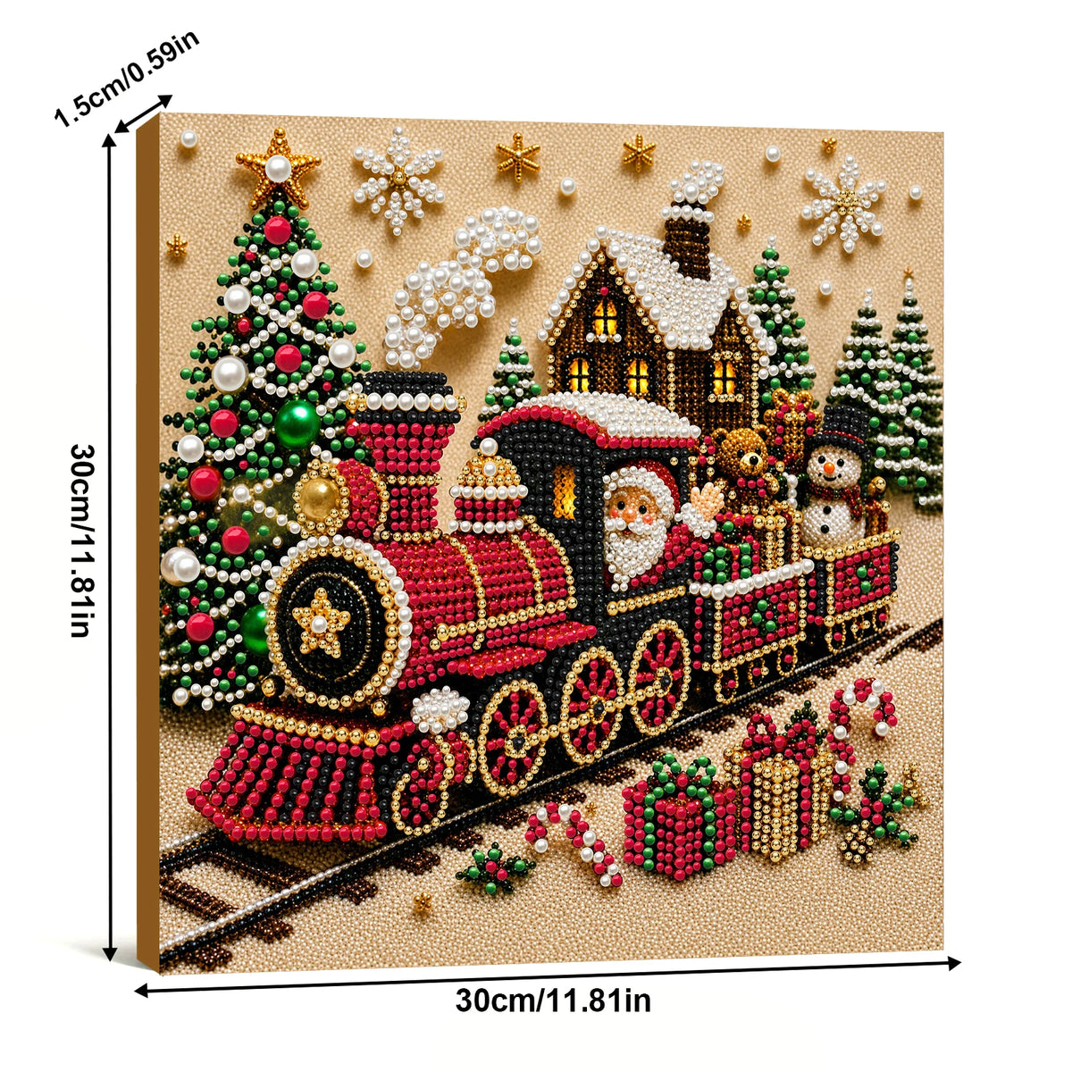 A diamond painting kit featuring a festive Christmas train scene decorated with pearls and sparkling elements.