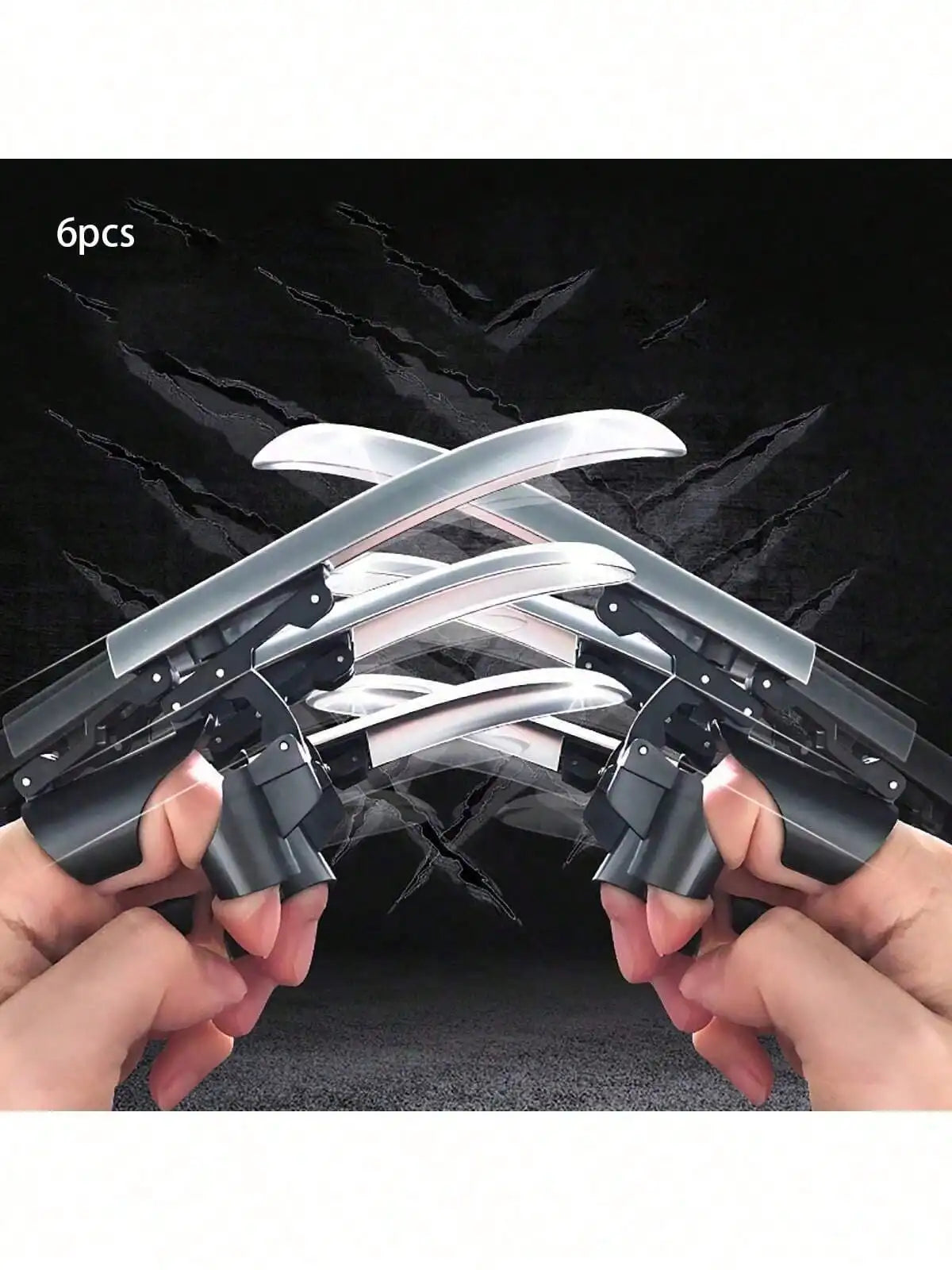 Six pieces of silver and black retractable mechanical wolf claw props being held by hands against a dark background.