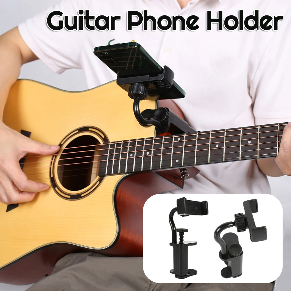 A person holds a guitar while using an adjustable black phone holder to mount the phone for hands-free recording.