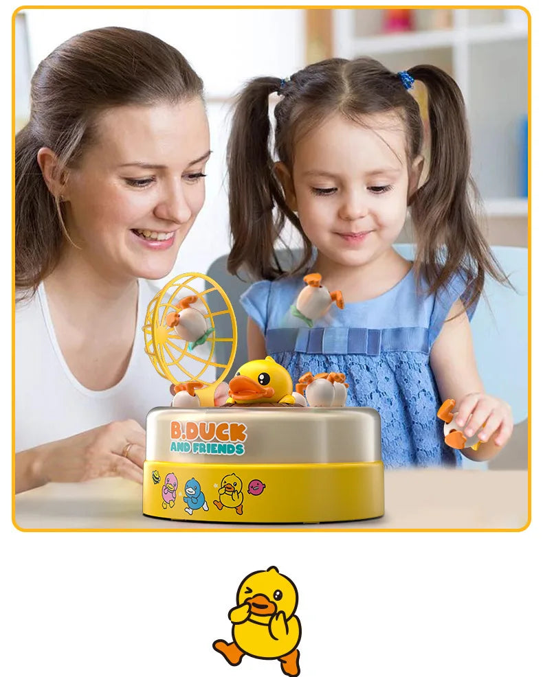 A woman and a girl interact with a B.Duck and friends reflex training toy for kids.
