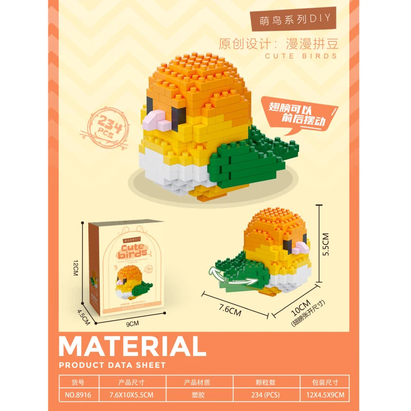 A set of colorful parrot micro building blocks featuring a yellow bird and green foliage, packaged in a box.