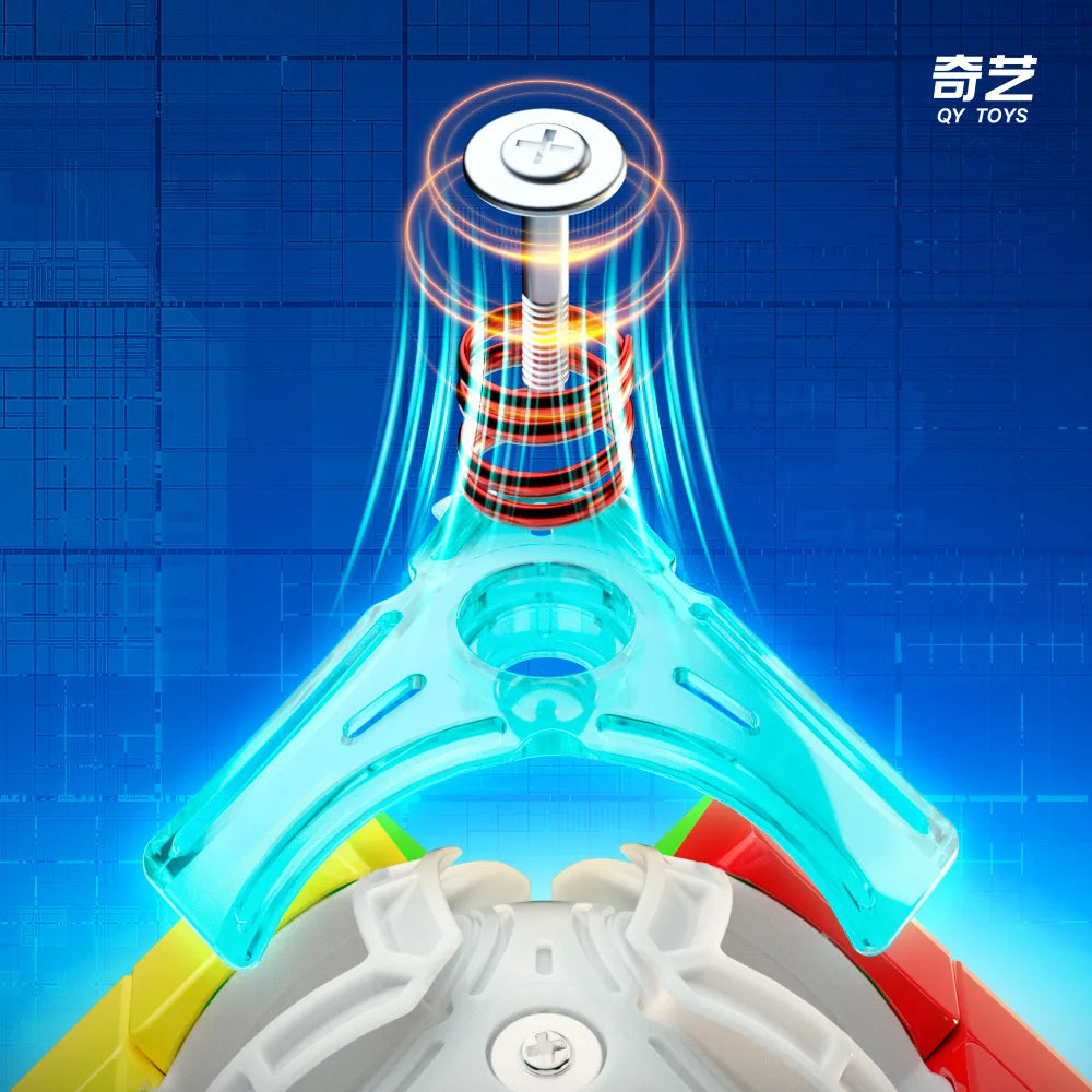 A clear plastic magnetic puzzle piece is shown with glowing lines, positioned above a white and red spinning mechanism.