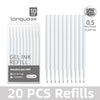 A set of 10 black gel pen refills with smooth 0.5mm tips for quick drying ink.